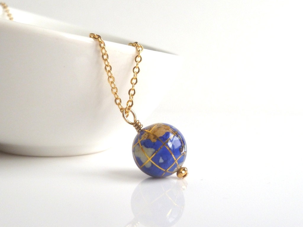 World Necklace small genuine gemstone globe of Earth w/