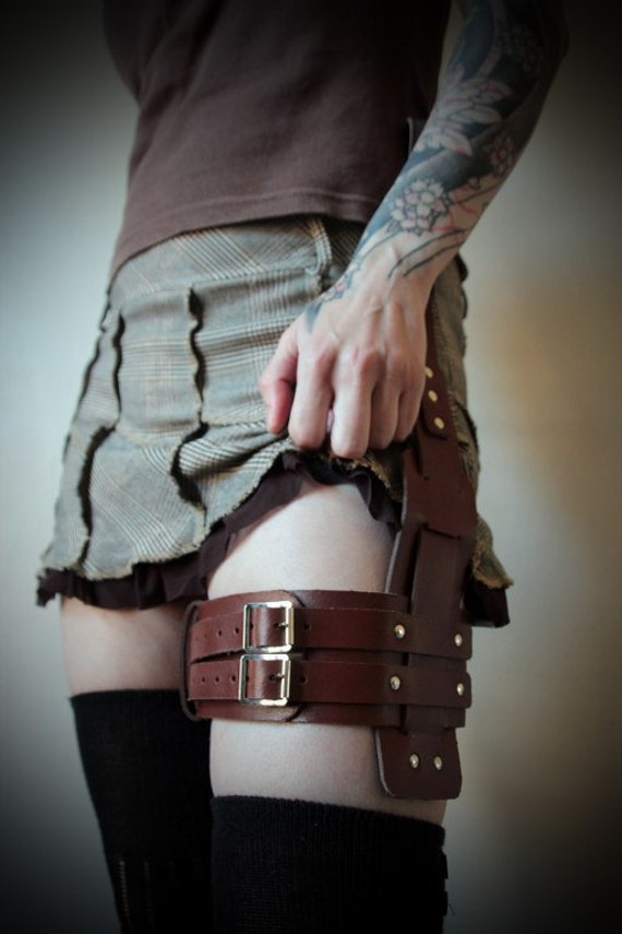 Real Leather Single Thigh Harness Brown Steampunk