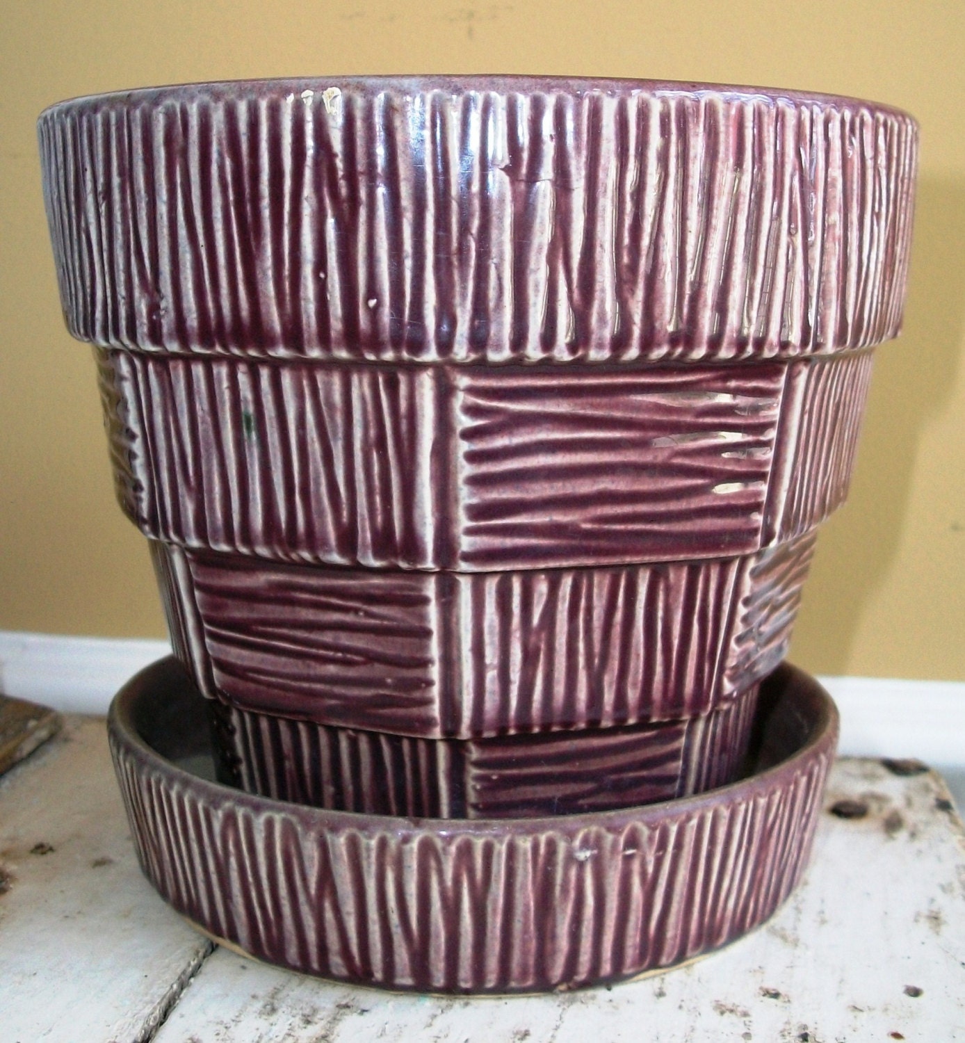 Vintage McCoy POTTERY RARE Large Purple Flower Pot w/