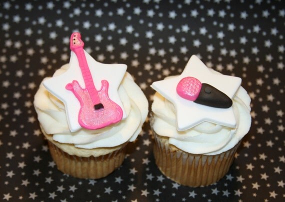 Fondant cupcake toppers Guitar and Microphone, Rock and Roll, Rocker girl Il_570xn