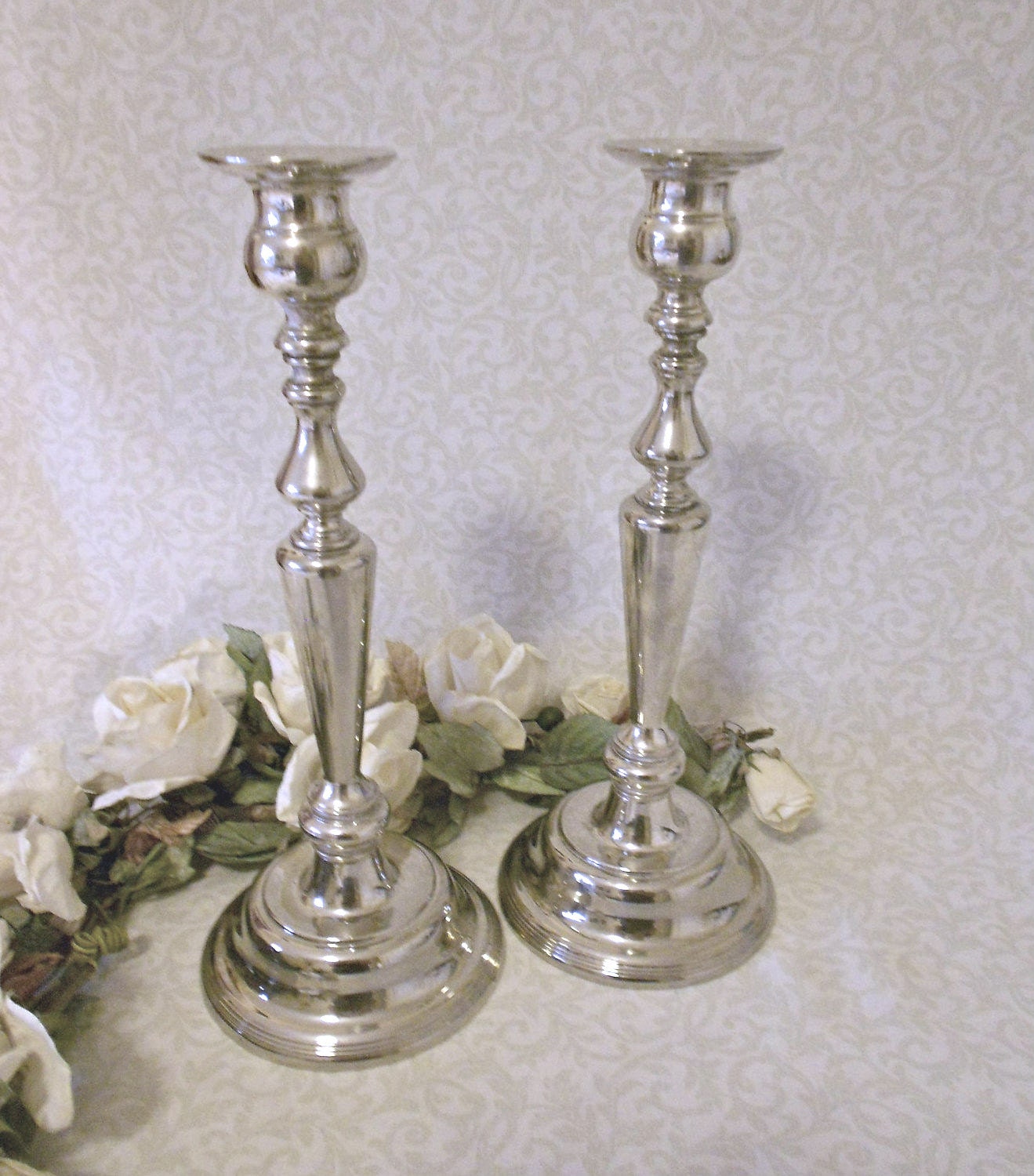 Silverplate Candlesticks Tall Vintage Pair Silver Plated