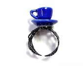 Cobalt Navy Blue Miniature Coffee Cup Ring with Black Adjustable Base