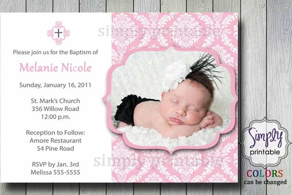 Christening/Baptism Damask Invitation wth Photo Il_570xn