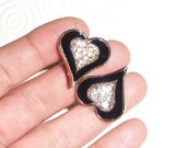 Brass earrings, Vintage, black heart, clips, enameled, retro