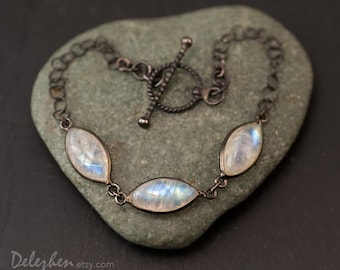 Rainbow Moonstone Bracelet - Toggle Clasp - Oxidized Silver Bracelet - 3 Stone bracelet - Gunmetal