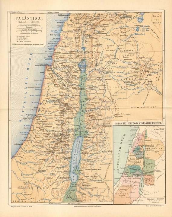 1890 Original Antique Map of Palestine at by CabinetOfTreasures