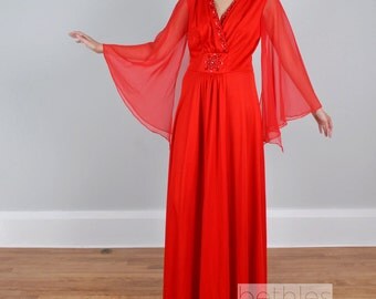 1960s Evening Dress Chiffon Dress Angel Wing Sleeves Long Dress Electric Orange Long Gown Vintage 60s by Nu Mode Orange Red Formal Dress