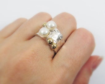 Pearl ring, sterling silver ring. pearl and 9k gold ring, gold pearl ring (52886). anniversary gift, silver gold ring, pearl jewelry