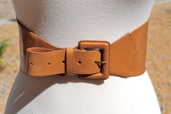 vtg Designer Leather CAMEL Color Cinch High Waist BELT size S