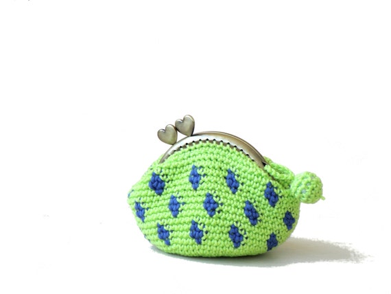 heart purse pattern crochet coin dots crochet blue, coin Monaco kiss lock crochet purse polka green