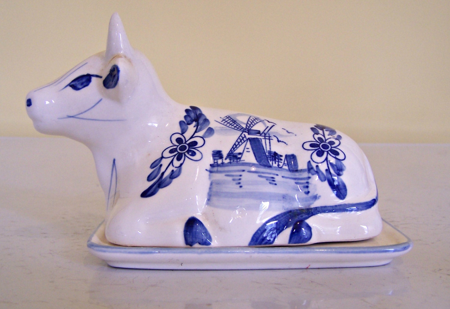 Vintage Cow Butter Dish Delft Blue by topsysattic on Etsy