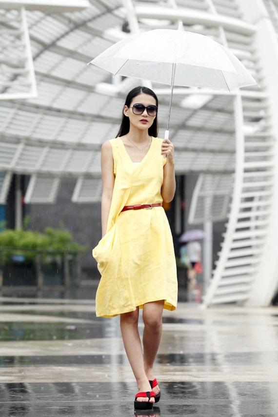 Cute Sundress Single Big Pocket Summer Dress in Yellow  - NC037