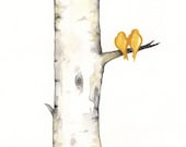 Yellow Birch Tree Love No. 3 / Love Birds / Romance / watercolor print / grey / black and white and yellow / Archival