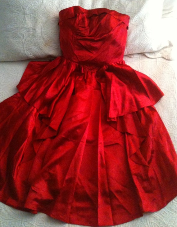 Satin Strapless Red Tea Length Dress with Built in Petticoat