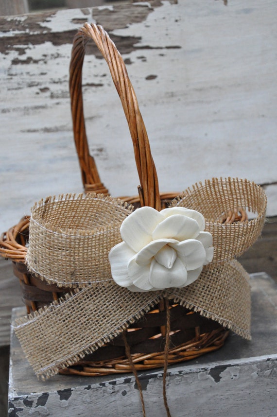 Rustic Burlap Flower Girl Basket Simple Flower by SettingUpHouse