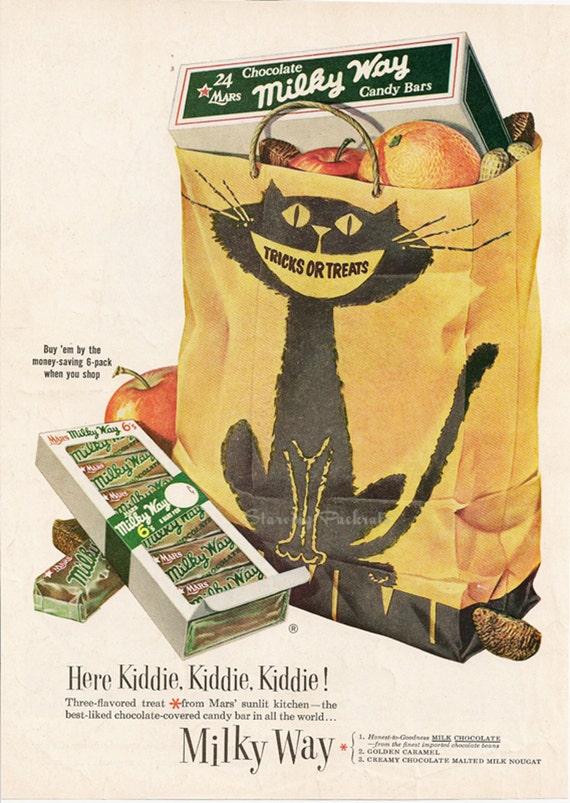 Retro Kitchen Decor Halloween Black Cat Bag & Candy Milky Way Vintage 1950s Print Advertising