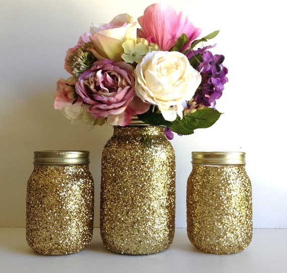 Items similar to golden yellow mason jars golden glitter 3 piece
