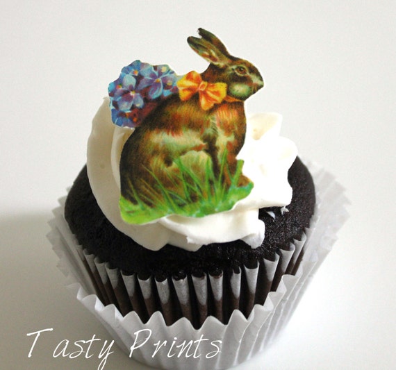 12 Easter Edible Prints - Vintage Easter Bunny with purple flowers - Easter cupcake toppers Il_570xn