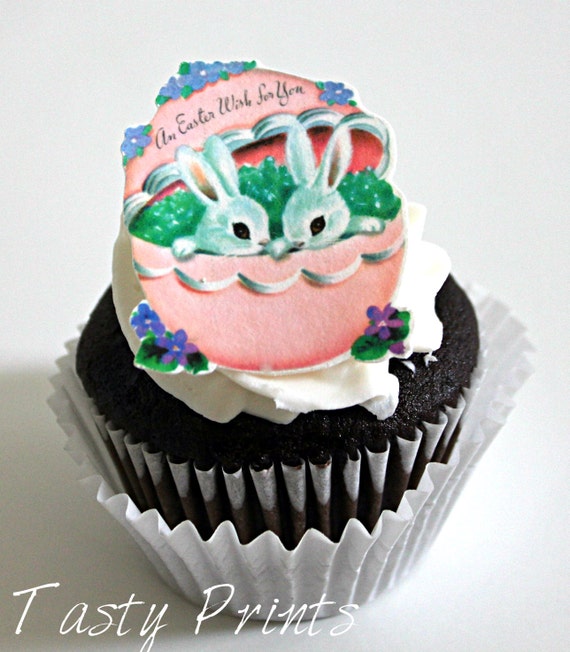 12 Easter Edible Prints - Easter Bunnies in pink egg - edible decorations for cupcake Il_570xn