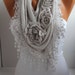 Light Gray Cotton Shawl/ Scarf - Headband -Cowl with Lace Edge