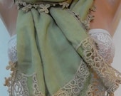 Super elegant scarf--Cotton and lace.....Soft green