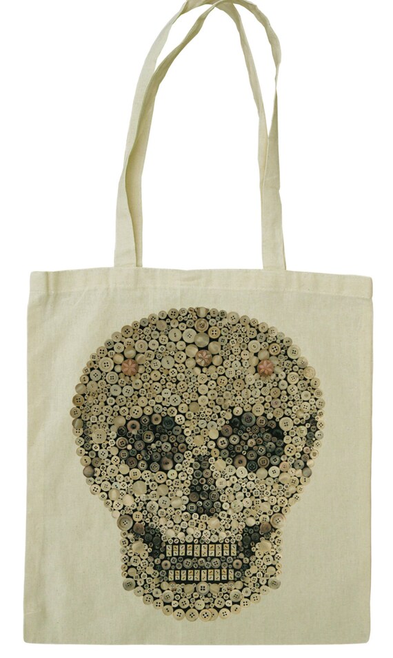 Vintage button skull design cotton tote bag with long handles