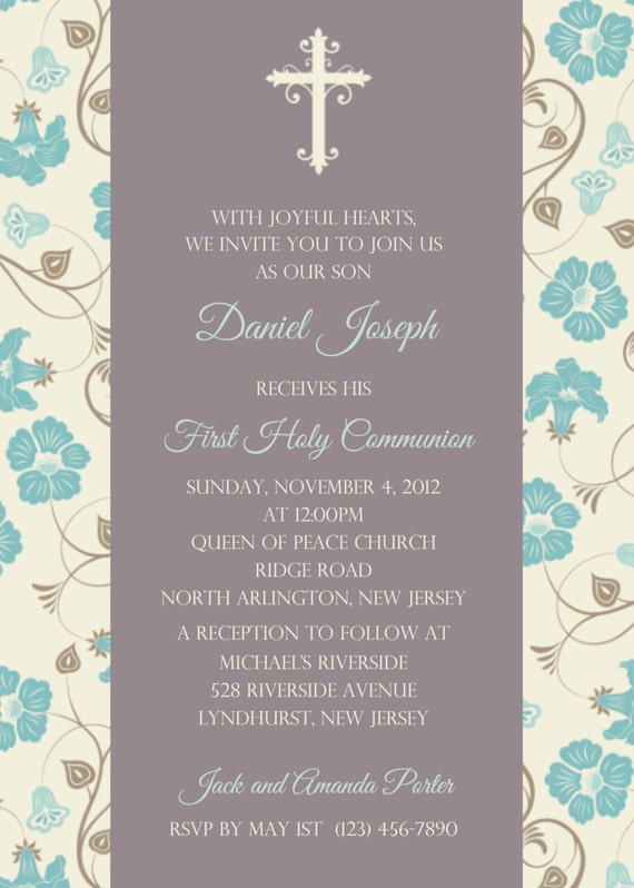 Items similar to Blue Floral Communion Invitation - Personalized Custom ...