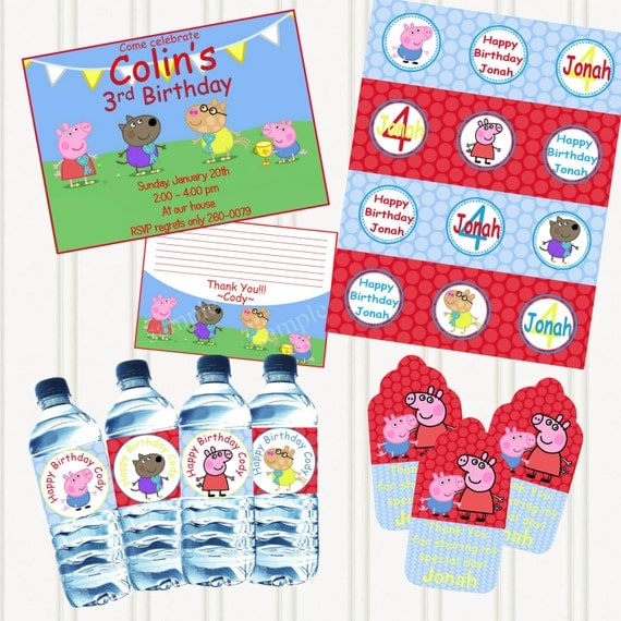 PEPPA and FRIENDS Printable Party PACKAGE - - Birthday - Personalized- Invitation Thank Yous Cupcake Toppers Bottle Wraps
