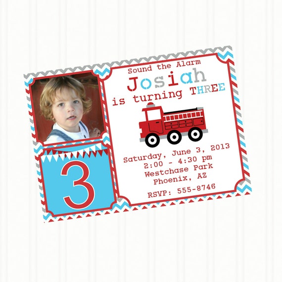 FIRE TRUCK - Printable Party Invitations- Personalized- Birthday - PHOTO
