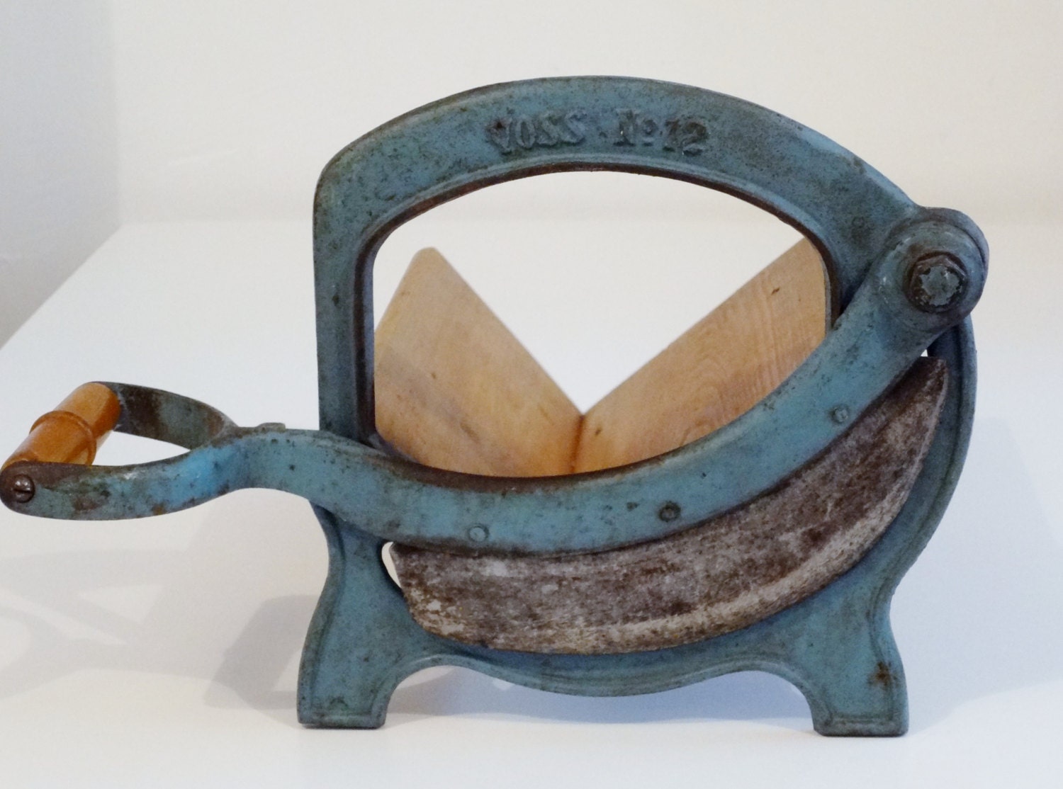 Vintage Danish Bread Slicer VOSS Light Blue Enamel Cast Iron