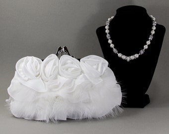 White Purse, Bridal Purse, Wedding,White Bridal Clutch w/ Swarovski Pearls,Pave & Swarovski Crystal Necklace/Purse Handle,White Evening Bag
