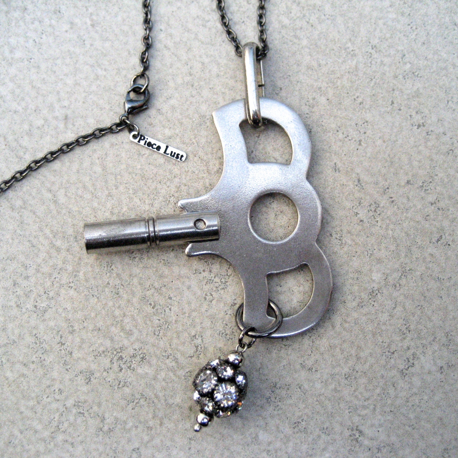 Vintage Key Necklace Silver Clock Key Crystal Long by PieceLust