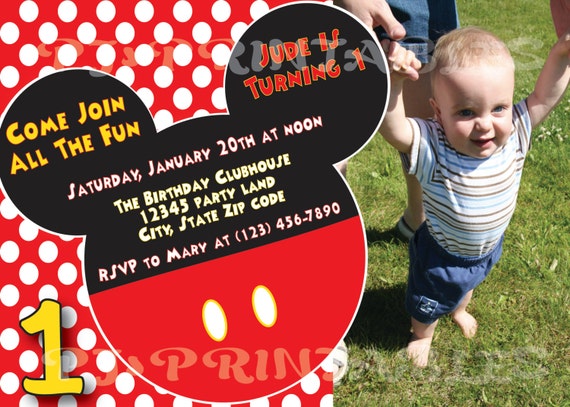 Mickey Mouse Polka Dot Birthday Invitation with picture - Custom Digital File Il_570xn