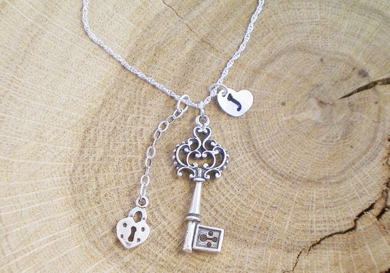 Key Lock Personalized Initial Necklace 16 by SterlingJoyBoutique