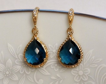 Gold Sapphire Blue Earrings, Bridal Jewelry, Bridesmaid Earrings, Blue Earrings