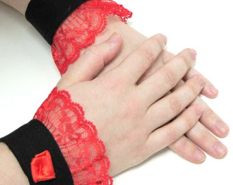 Pair of red and black cuffs with red rose embellishment - Alice in Wonderland