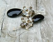 Wire wrapped sterling silver earrings, smokey quartz, heishi shell, moonstone and black Onyx earrings.