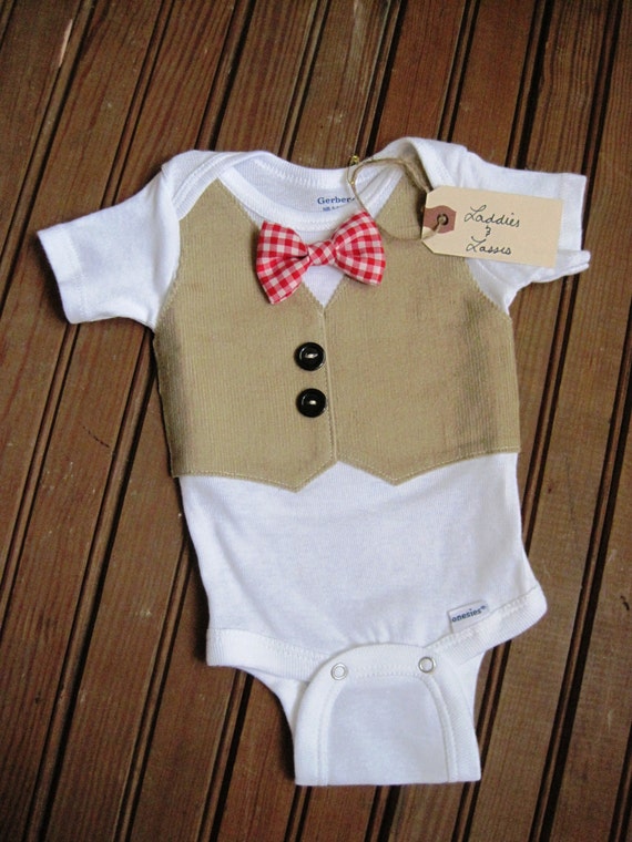 Items similar to Tan Corduroy Vest Onesie with Red Gingham Bow Tie