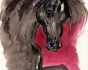 Black horse, equine art, equestrian, original acrylic painting on paper