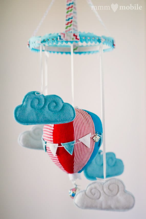 Items similar to Hot Air Balloon Baby Crib Mobile Aqua/Red/White