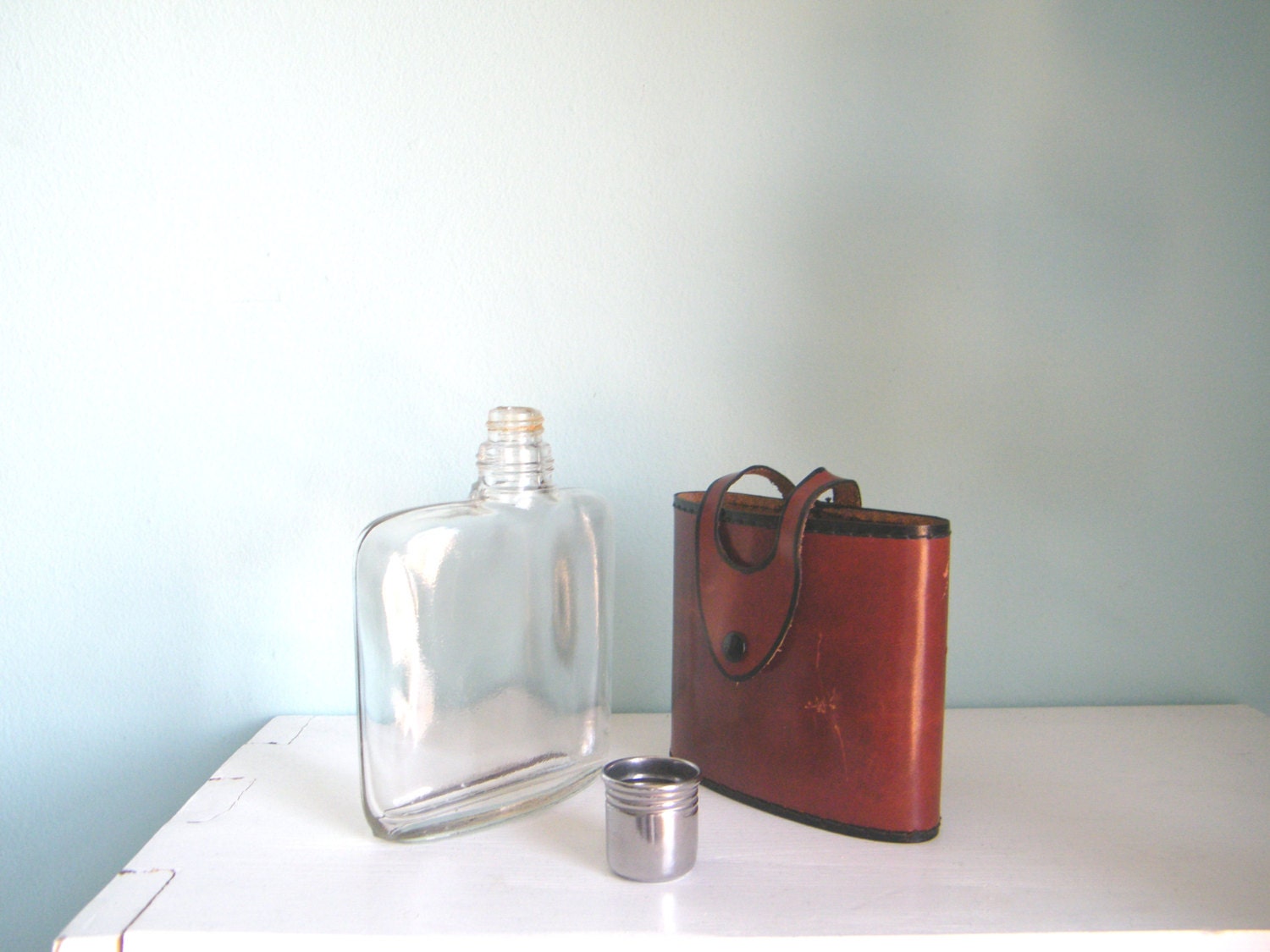 Hip Flask Glass Bottle With Leather Casing Italian Vintage