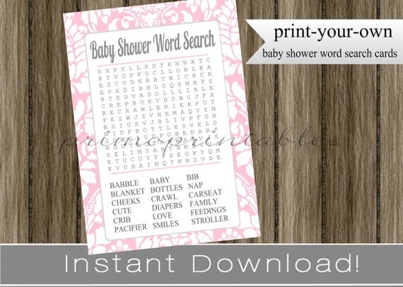Baby Shower Word Search game cards girl pink damask INSTANT DOWNLOAD diy printable digital file print your own , babyshower Il_570xn