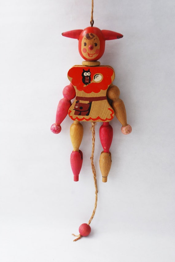 Vintage Wooden Pull Toy - Nursery Decor, Children's Wood Joker, Baby 