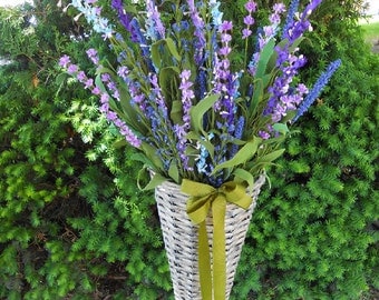 Distressed French Basket, Floral Arrangement, Purple, Greens, Foam Flowers, Spring