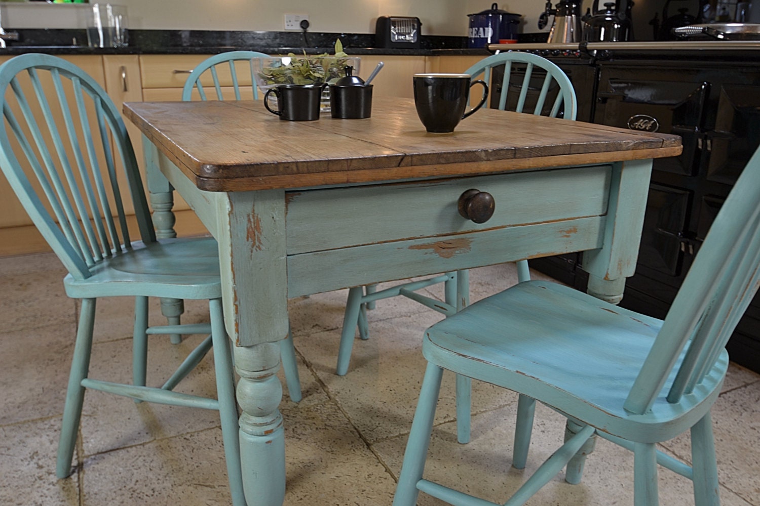 Shabby Chic Farmhouse Rustic Dining Table with 4 Stickback