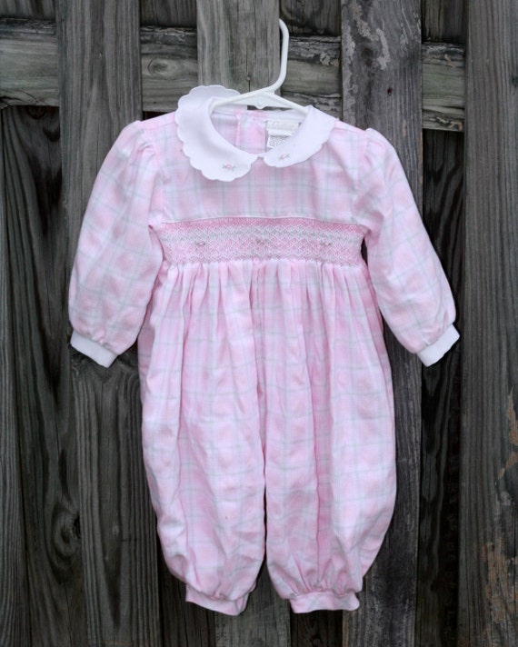 Vintage Baby Clothes / Baby Girl Pink Plaid Smocked Romper