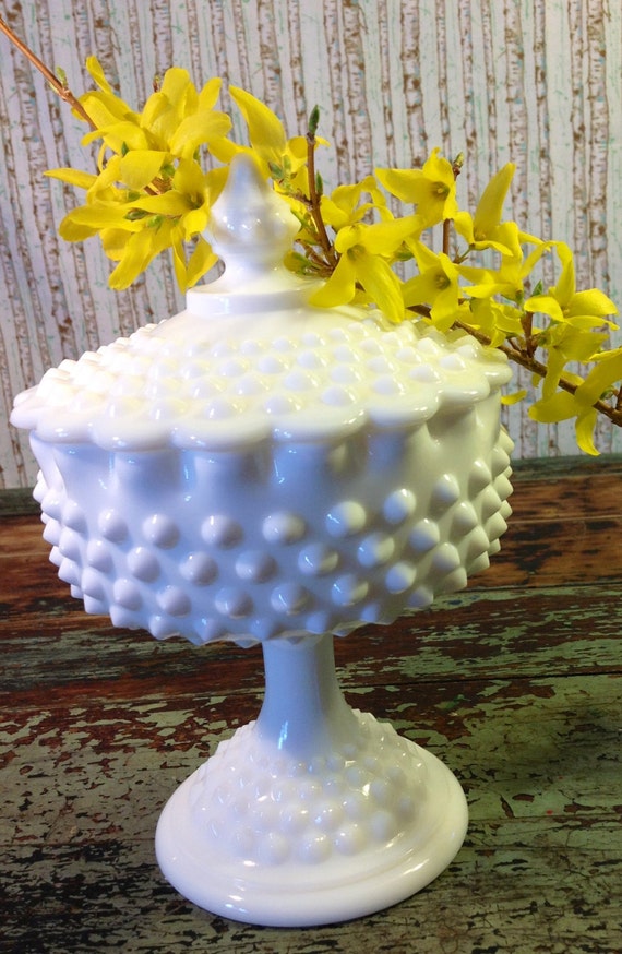 Fenton White Milk Glass Pedestal Hobnail Candy Dish Compote 7154