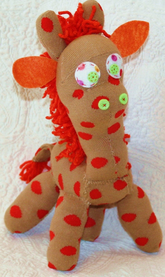 Handmade sock animal - stuffed animal - tan and orange polka dot sock giraffe