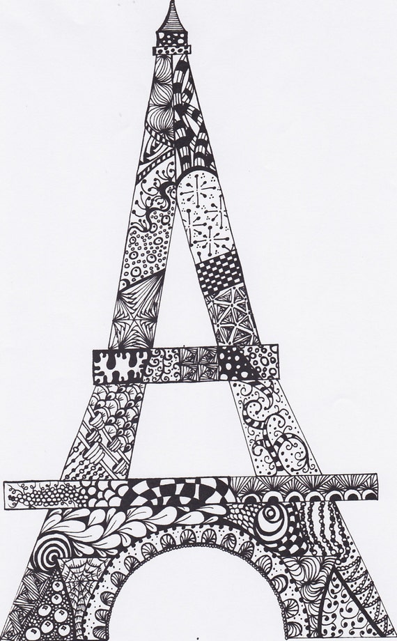 Zentangle Eiffel Tower Drawing Original Abtract by