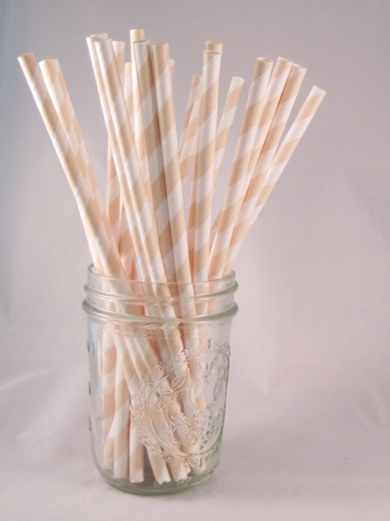 50 Cream Beige Elegant Stripe Straws - ships less than 24 hours Il_570xn